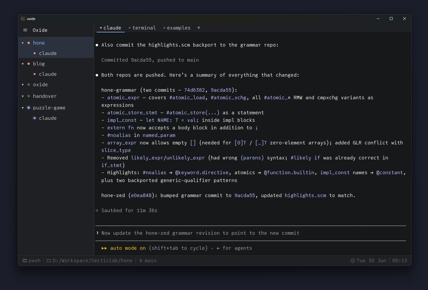 oxide terminal showing agent status sidebar